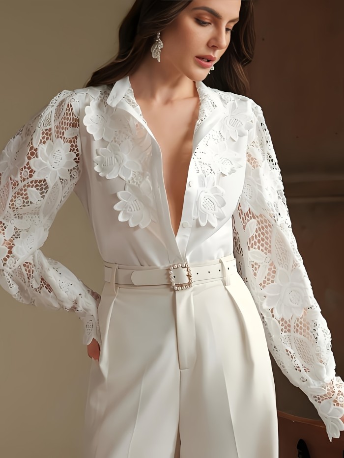 Women's Spring and Autumn French Elegant Stand Collar Lace Patchwork Blouse