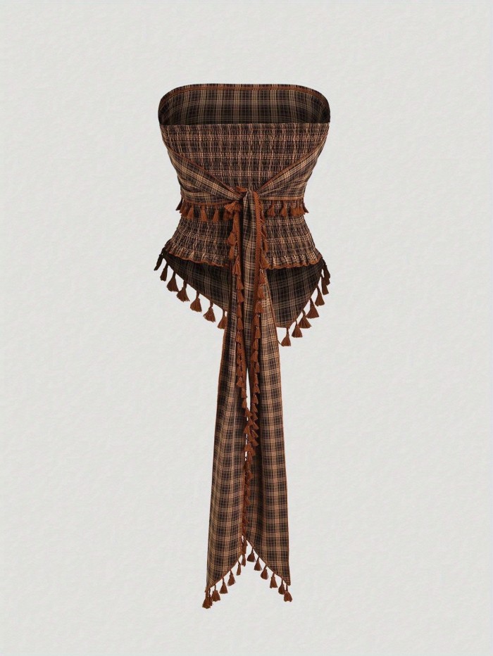 French Vintage Plaid Fringe Bow Crop Top Tank TopZllz