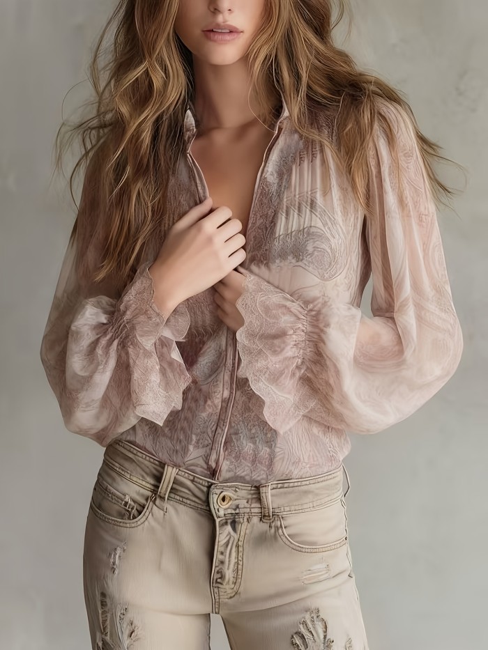 Spring And Summer Floral V-Neck Long Sleeve Blouse for Women, Elegant And Classy Pullover Top