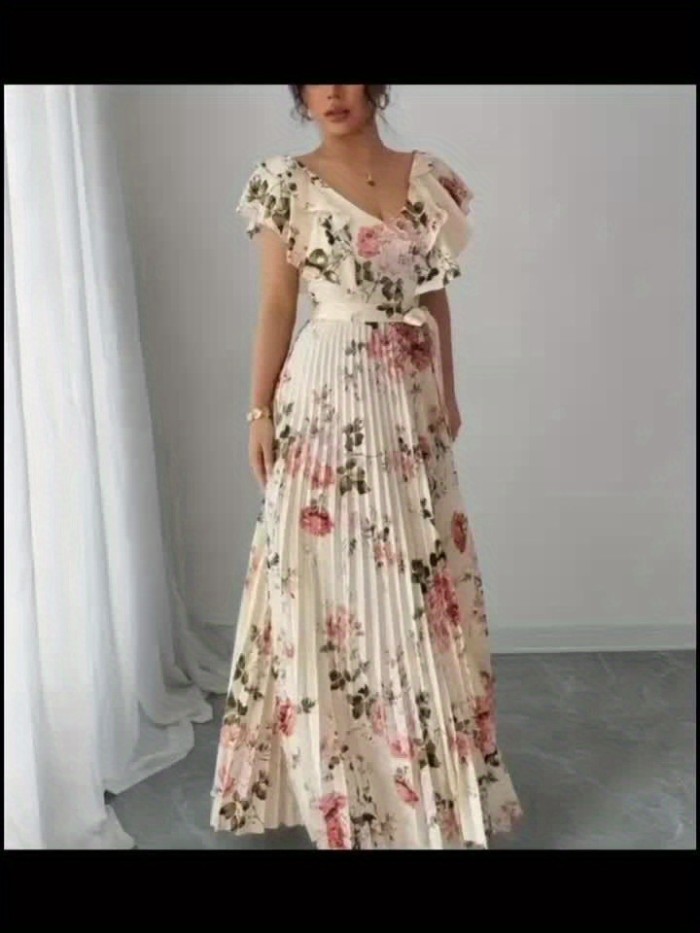 Elegant and Romantic V-neck Dress Featuring a Digital Floral Print, Ruffled Waistband, and A-line Silhouette, Perfect for Vacation Wear