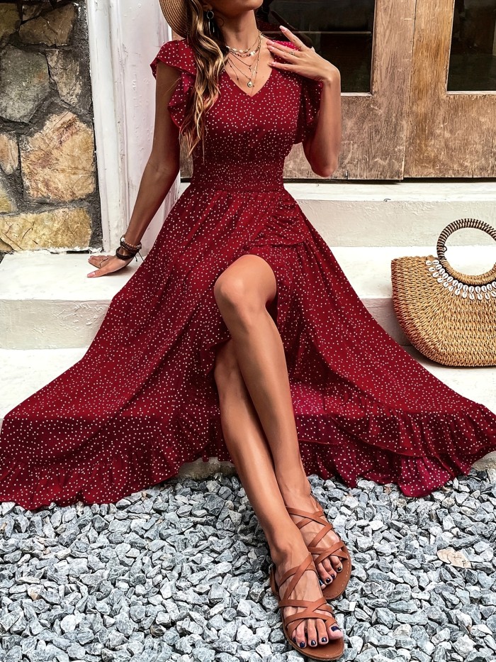 ✨ Elegant V-Neck Polka Dot A-Line Dress | Ruched Short Sleeve Maxi Dress for Spring & Summer Vacation