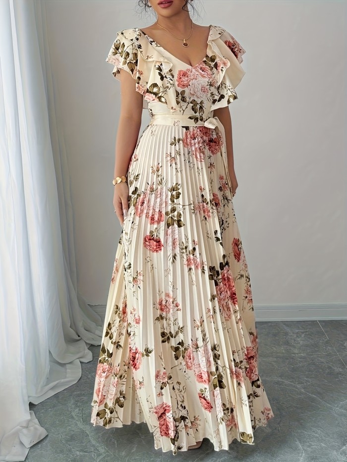 Elegant and Romantic V-neck Dress Featuring a Digital Floral Print, Ruffled Waistband, and A-line Silhouette, Perfect for Vacation Wear
