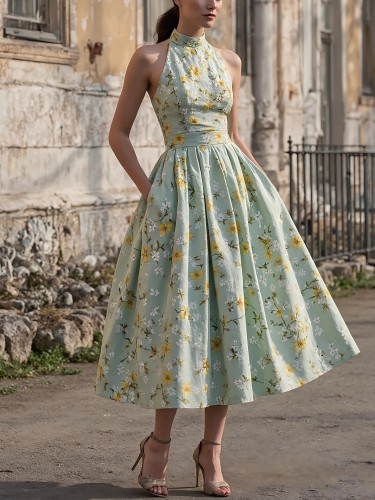 🌸 French Floral Print Sleeveless Midi Dress | Tie-Waist A-Line Flared Skirt for Spring & Summer, Perfect for Dates, Banquets & Street Style