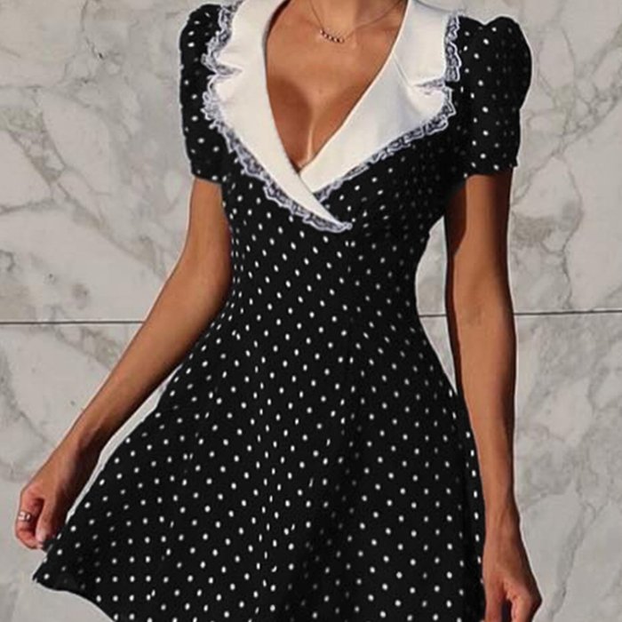 ✨ Hepburn Style French Lace V-Neck Polka Dot Dress | Elegant A-Line Short Sleeve Summer Dress for Weddings, Parties & Brunch