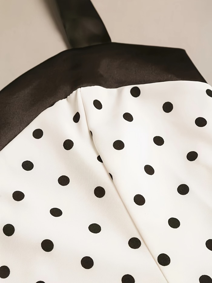 ✨ Vintage Black & White Polka Dot A-Line Dress | V-Neck Short Sleeve Back Tie Bow Knee-Length Dress for Spring, Summer & Fall