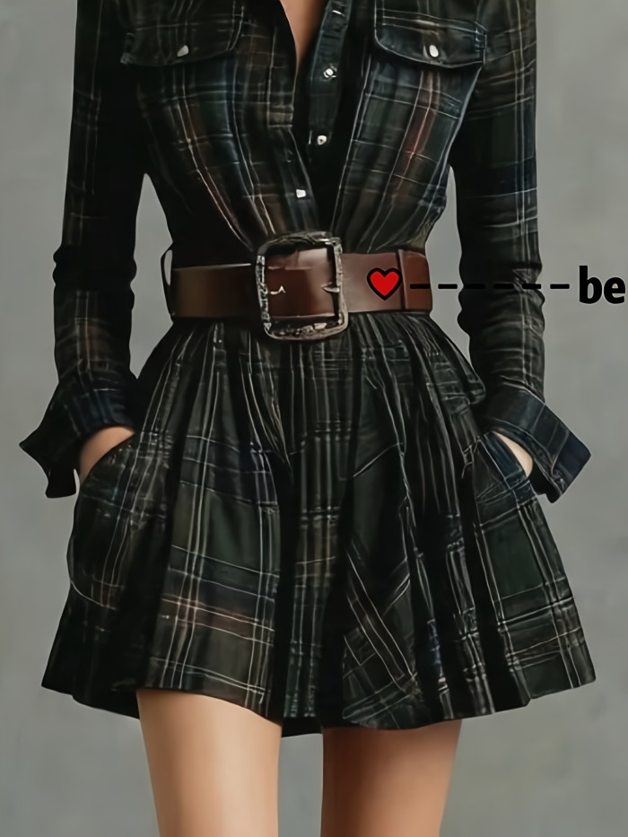 🖤 Vintage Multi-Color Plaid Shirt Dress | Elegant Cinched Waist Button-Up Slim Short Dress for Parties & Gatherings (Belt Not Included)
