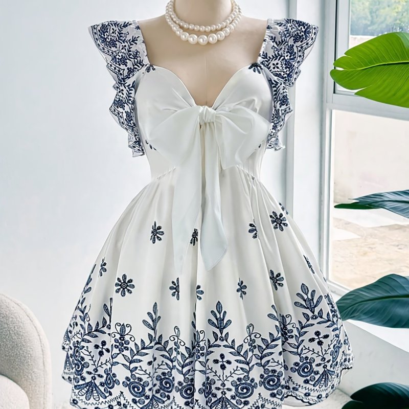 🖤 French Vintage Printed Bow Dress | Country Chic Elegant Dress for Afternoon Tea & Garden Parties