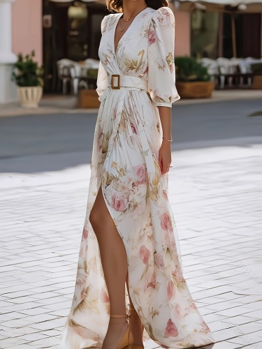 ✨ Elegant V-Neck Puff Sleeve Floral Dress | Golden Buckle Belt & Slit Design, Romantic High-Quality Women’s Fashion