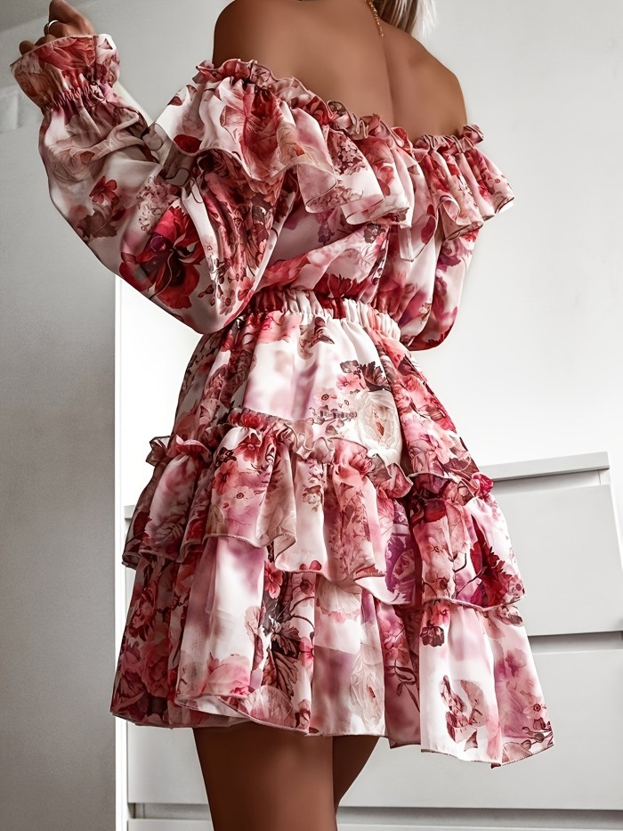 Floral Print Off-Shoulder Ruffle Sleeve Bubble Sleeve Ruffle Hem Dress