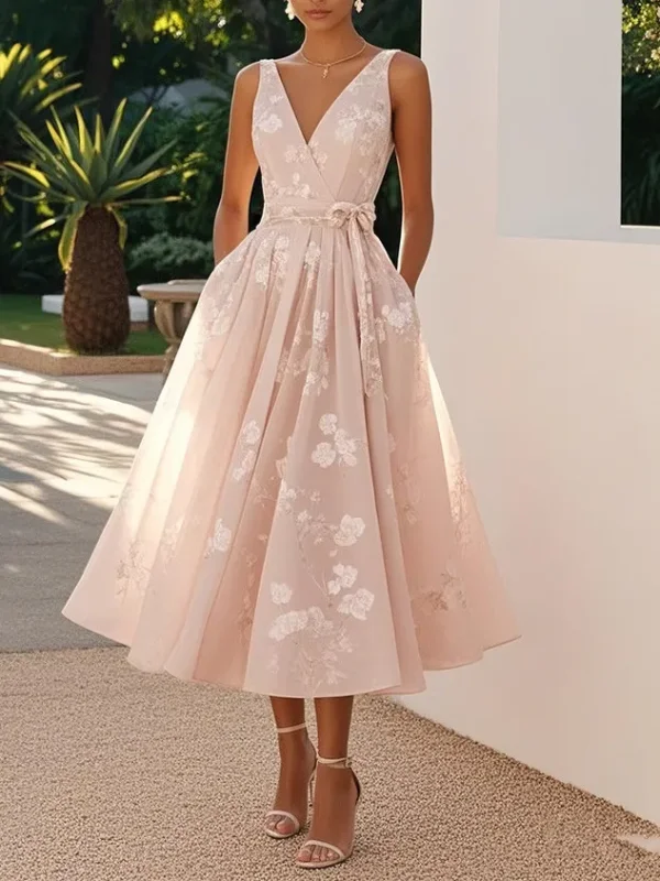 Women’s Elegant Printed Midi Dress – V-Neck Sleeveless Mesh Long Dress with Bow Waist