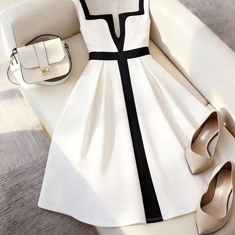 🖤 Elegant Black & White Color Block Dress | Deep V Off-Shoulder Cinched Waist Dress with Pockets for Dates, Parties & Daily Wear