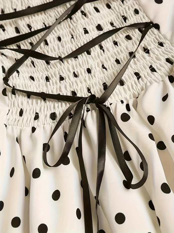 ✨ Vintage Black & White Polka Dot A-Line Dress | V-Neck Short Sleeve Back Tie Bow Knee-Length Dress for Spring, Summer & Fall