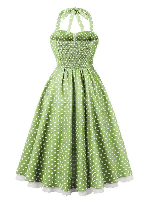 Women Retro Hepburn Storm Dot Retro Dress Strap Lace Hanging Neck Party Date Dress