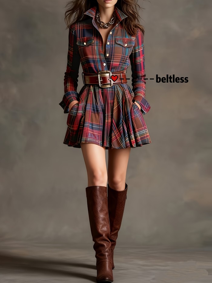 🖤 Vintage Multi-Color Plaid Shirt Dress | Elegant Cinched Waist Button-Up Slim Short Dress for Parties & Gatherings (Belt Not Included)