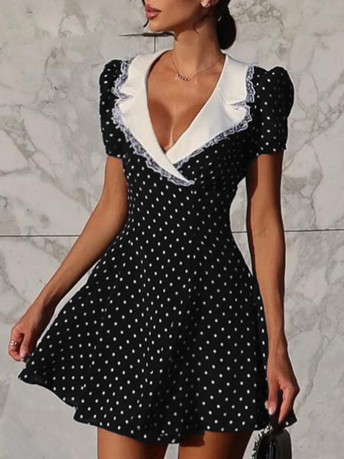 ✨ Hepburn Style French Lace V-Neck Polka Dot Dress | Elegant A-Line Short Sleeve Summer Dress for Weddings, Parties & Brunch