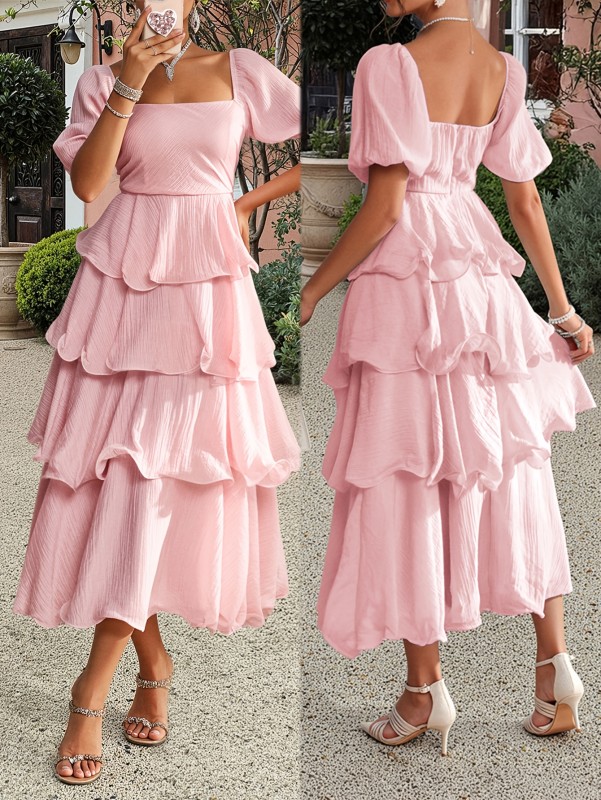 Ladies' Elegant Square-neck Puff Sleeve Ruffled Tiered Maxi Dress for Spring and Summer, Suitable for Vacations, Parties, and Other Occasions