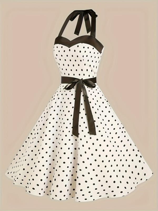✨ Vintage Black & White Polka Dot A-Line Dress | V-Neck Short Sleeve Back Tie Bow Knee-Length Dress for Spring, Summer & Fall