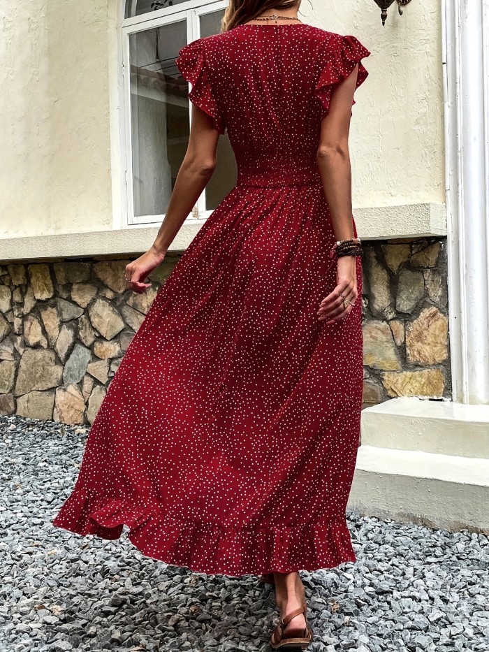 ✨ Elegant V-Neck Polka Dot A-Line Dress | Ruched Short Sleeve Maxi Dress for Spring & Summer Vacation