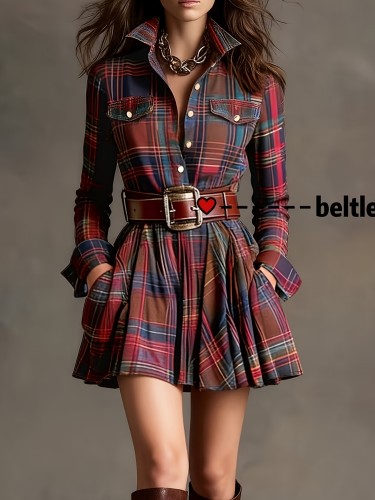 🖤 Vintage Multi-Color Plaid Shirt Dress | Elegant Cinched Waist Button-Up Slim Short Dress for Parties & Gatherings (Belt Not Included)