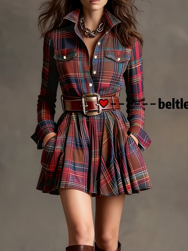 🖤 Vintage Multi-Color Plaid Shirt Dress | Elegant Cinched Waist Button-Up Slim Short Dress for Parties & Gatherings (Belt Not Included)