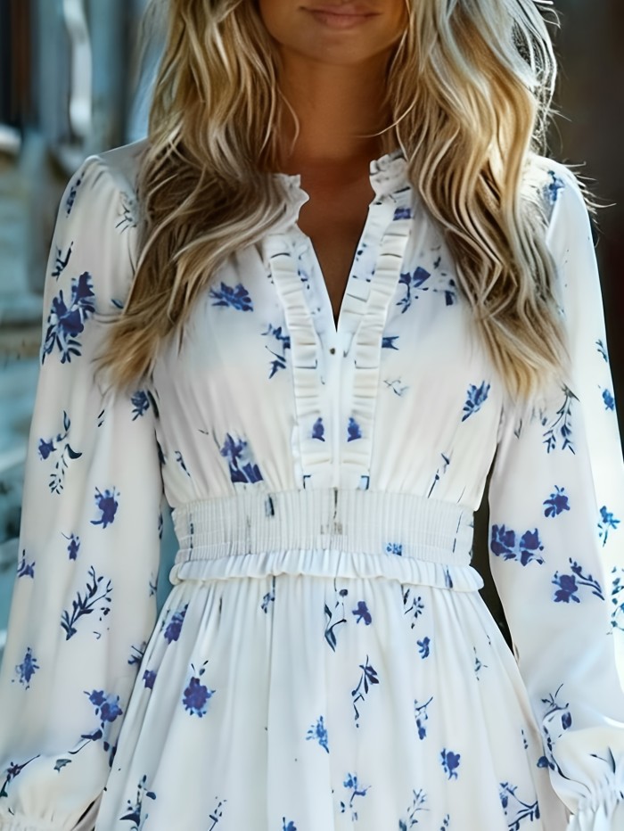 🌸 V-Neck Long Sleeve Floral Asymmetrical Mini Dress | Cute All-Season Style for Women