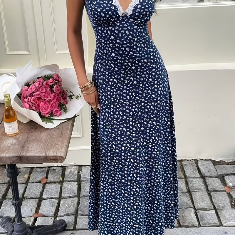🌸 Vintage French Floral Maxi Dress | V-Neck Lace Patchwork Elegant Long Dress for Dates, Work & Afternoon Tea