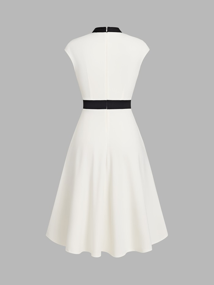 🖤 Elegant Black & White Color Block Dress | Deep V Off-Shoulder Cinched Waist Dress with Pockets for Dates, Parties & Daily Wear