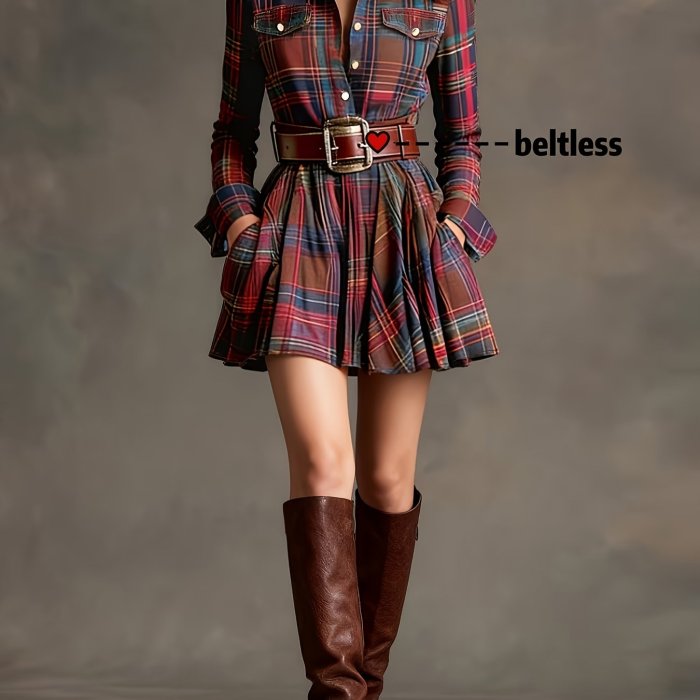 🖤 Vintage Multi-Color Plaid Shirt Dress | Elegant Cinched Waist Button-Up Slim Short Dress for Parties & Gatherings (Belt Not Included)