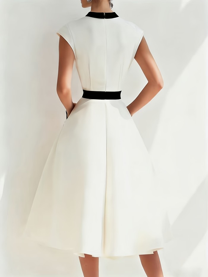 🖤 Elegant Black & White Color Block Dress | Deep V Off-Shoulder Cinched Waist Dress with Pockets for Dates, Parties & Daily Wear