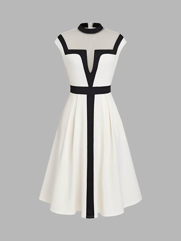 🖤 Elegant Black & White Color Block Dress | Deep V Off-Shoulder Cinched Waist Dress with Pockets for Dates, Parties & Daily Wear
