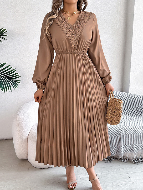 Solid Color Pleated Long Sleeves High Waisted V-neck Midi Dresses