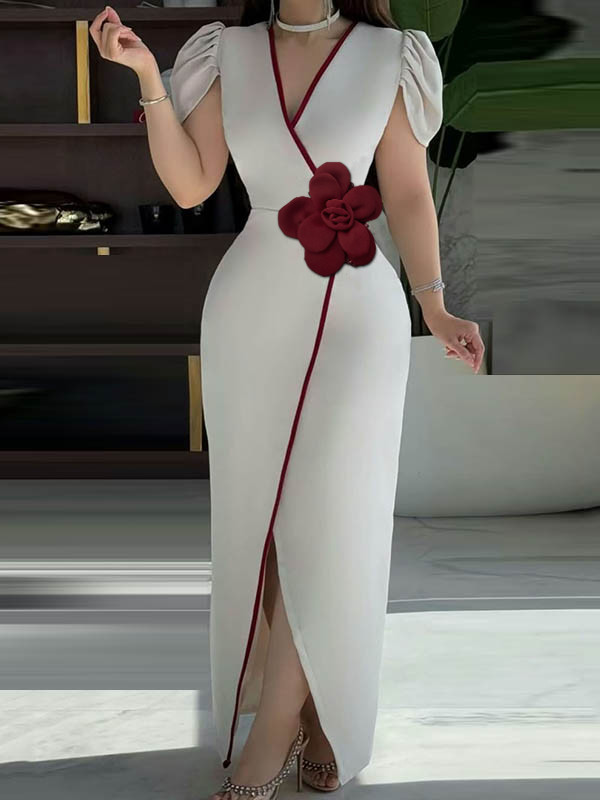 Three-Dimensional Flower Split-Front Solid Color Pleated Short Sleeves Bodycon V-Neck Maxi Dresses