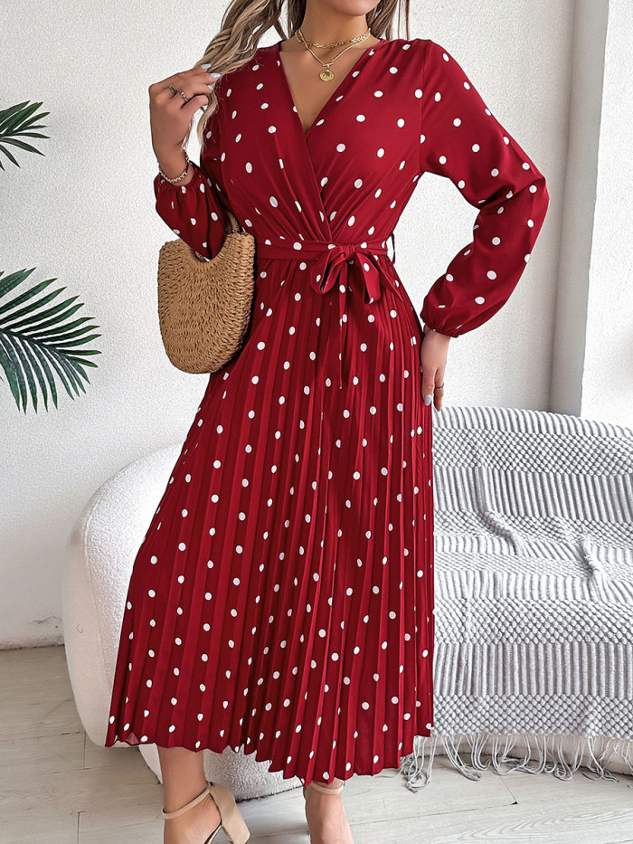 Tied Waist Polka Dot Pleated Long Sleeves High Waisted V-Neck Shirt Dress Maxi Dresses