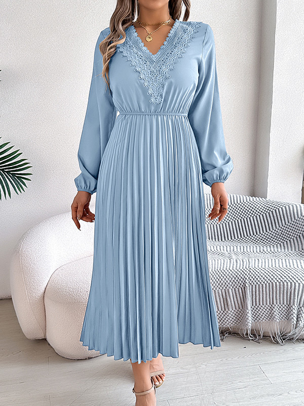 Solid Color Pleated Long Sleeves High Waisted V-neck Midi Dresses