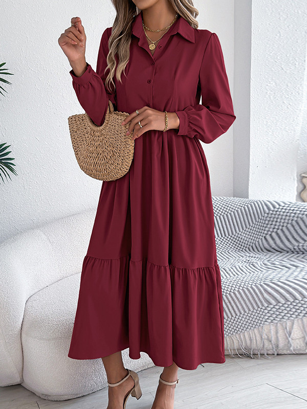 Solid Color Ruffled Pleated Loose Long Sleeves Lapel Shirt Dress Midi Dresses