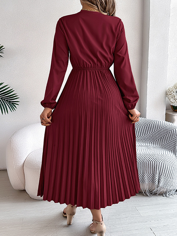 Solid Color Pleated Long Sleeves High Waisted V-neck Midi Dresses