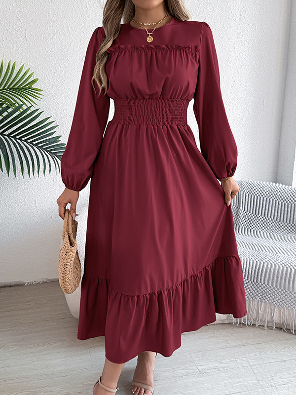 Solid Color Pleated Long Sleeves High Waisted Round-Neck Maxi Dresses