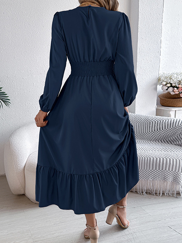 Solid Color Pleated Long Sleeves High Waisted Round-Neck Maxi Dresses