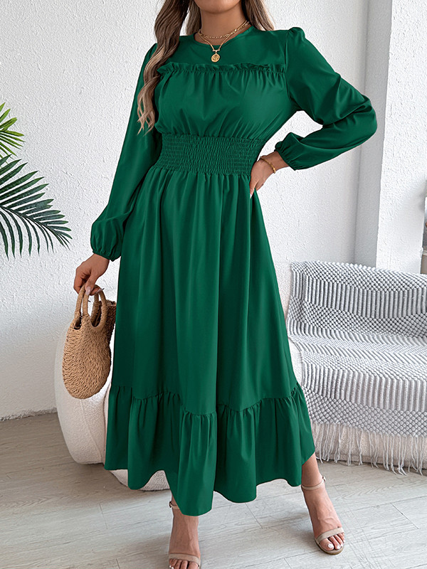 Solid Color Pleated Long Sleeves High Waisted Round-Neck Maxi Dresses