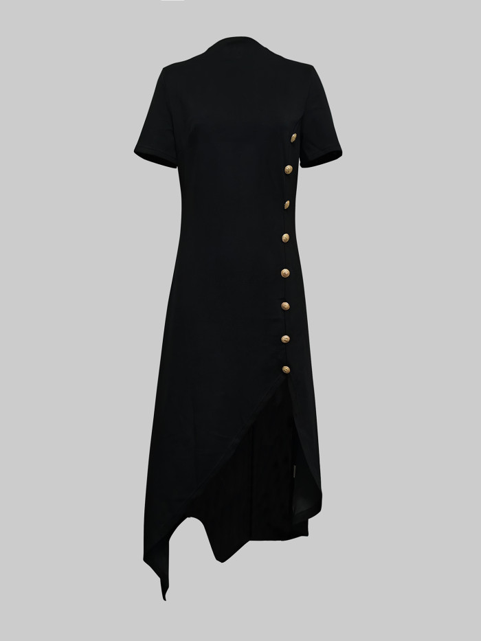 High-low Short Sleeves Buttoned Solid Color Round-neck Maxi Dresses
