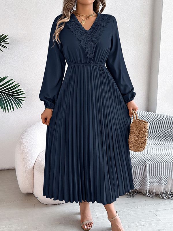 Solid Color Pleated Long Sleeves High Waisted V-neck Midi Dresses