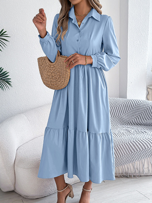 Solid Color Ruffled Pleated Loose Long Sleeves Lapel Shirt Dress Midi Dresses