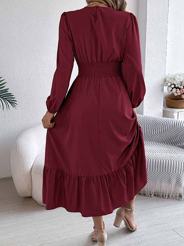 Solid Color Pleated Long Sleeves High Waisted Round-Neck Maxi Dresses