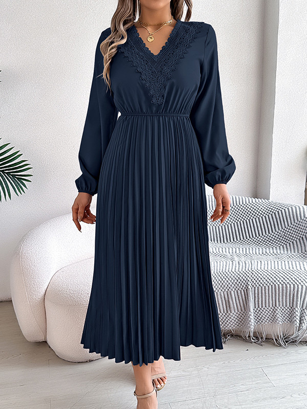 Solid Color Pleated Long Sleeves High Waisted V-neck Midi Dresses