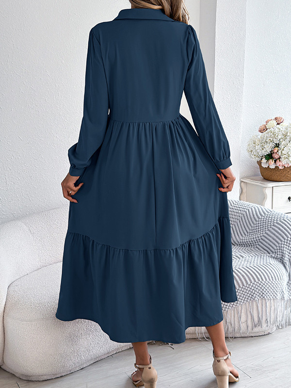 Solid Color Ruffled Pleated Loose Long Sleeves Lapel Shirt Dress Midi Dresses