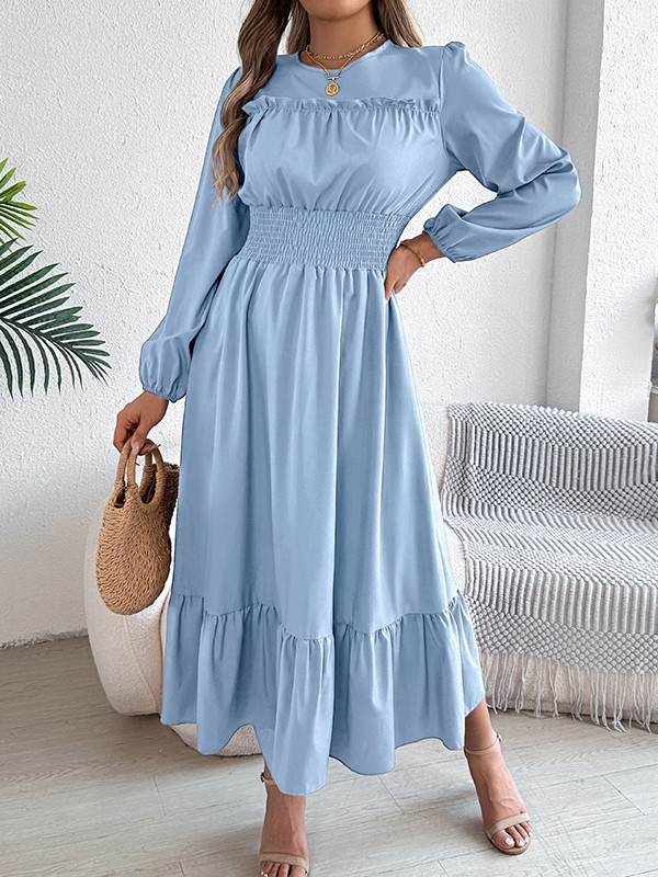 Solid Color Pleated Long Sleeves High Waisted Round-Neck Maxi Dresses