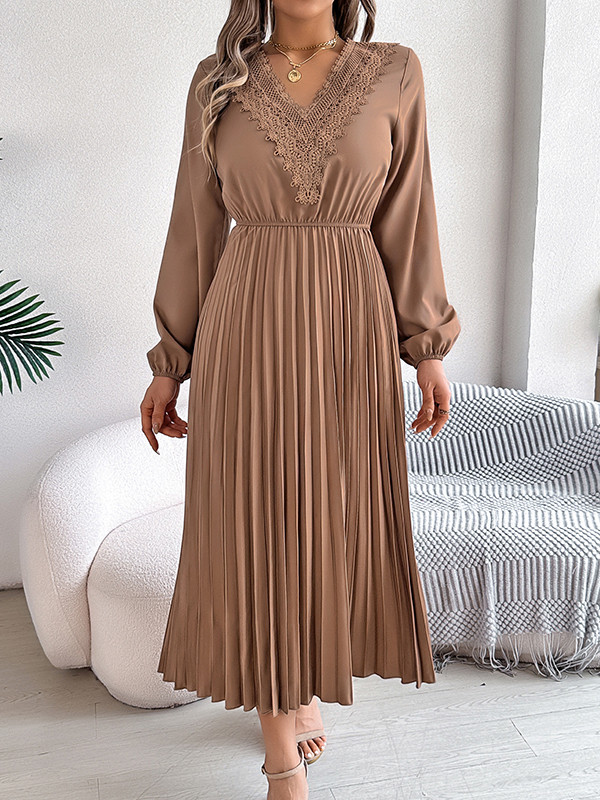 Solid Color Pleated Long Sleeves High Waisted V-neck Midi Dresses