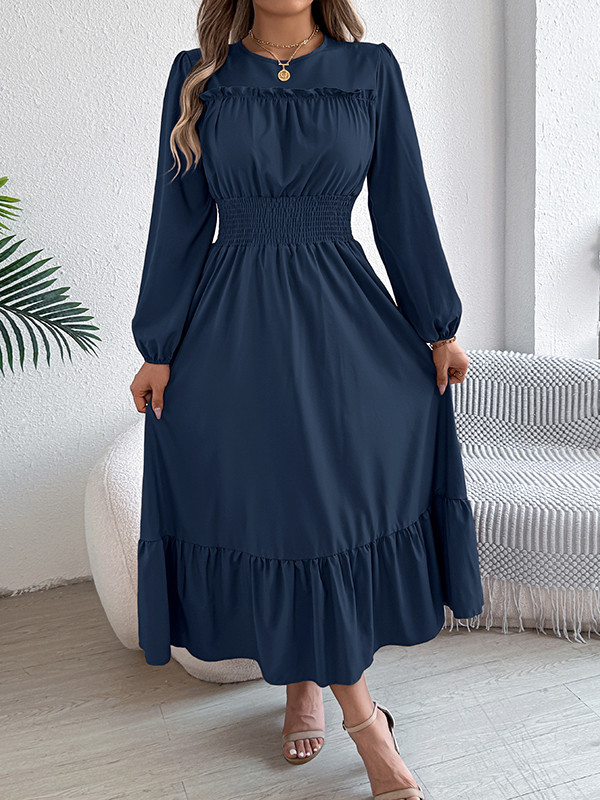 Solid Color Pleated Long Sleeves High Waisted Round-Neck Maxi Dresses