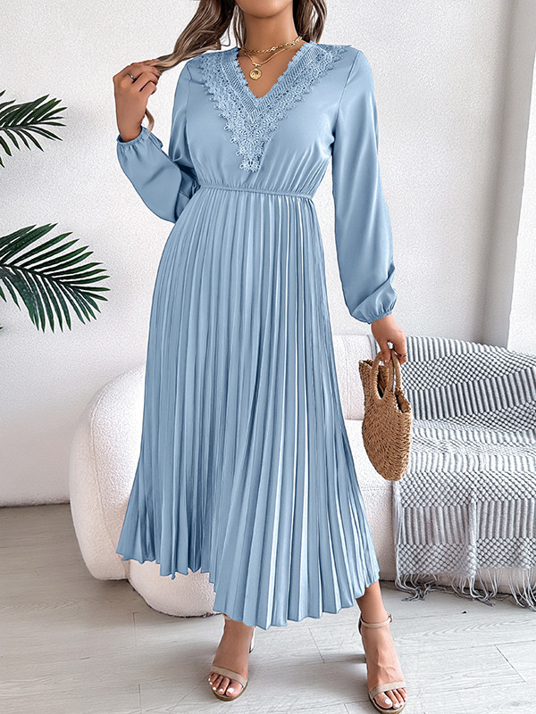 Solid Color Pleated Long Sleeves High Waisted V-neck Midi Dresses