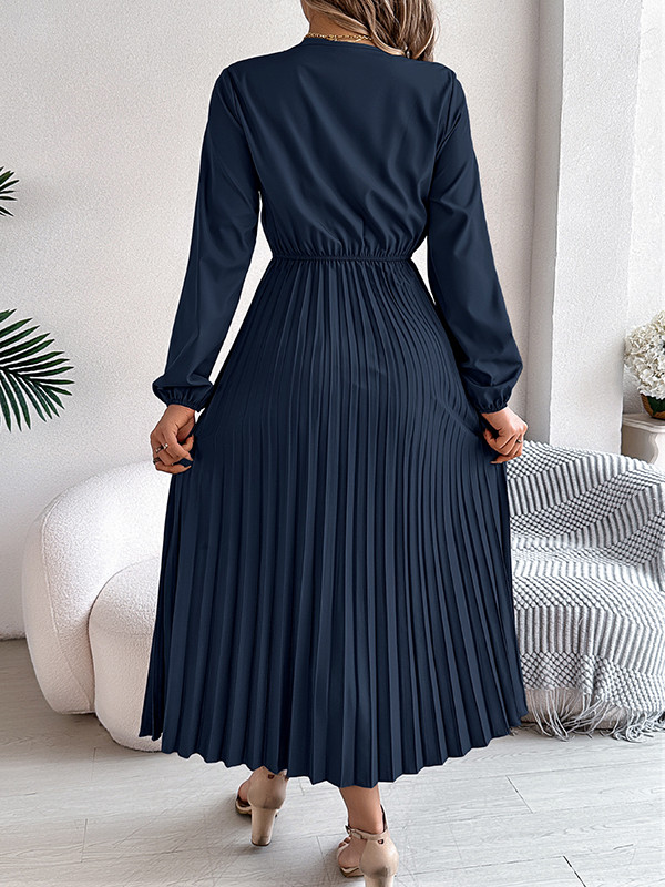 Solid Color Pleated Long Sleeves High Waisted V-neck Midi Dresses